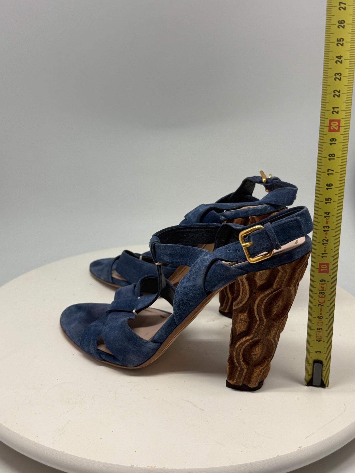 Vintage Miu Miu blue suede high heels, wooden heel, open toe,