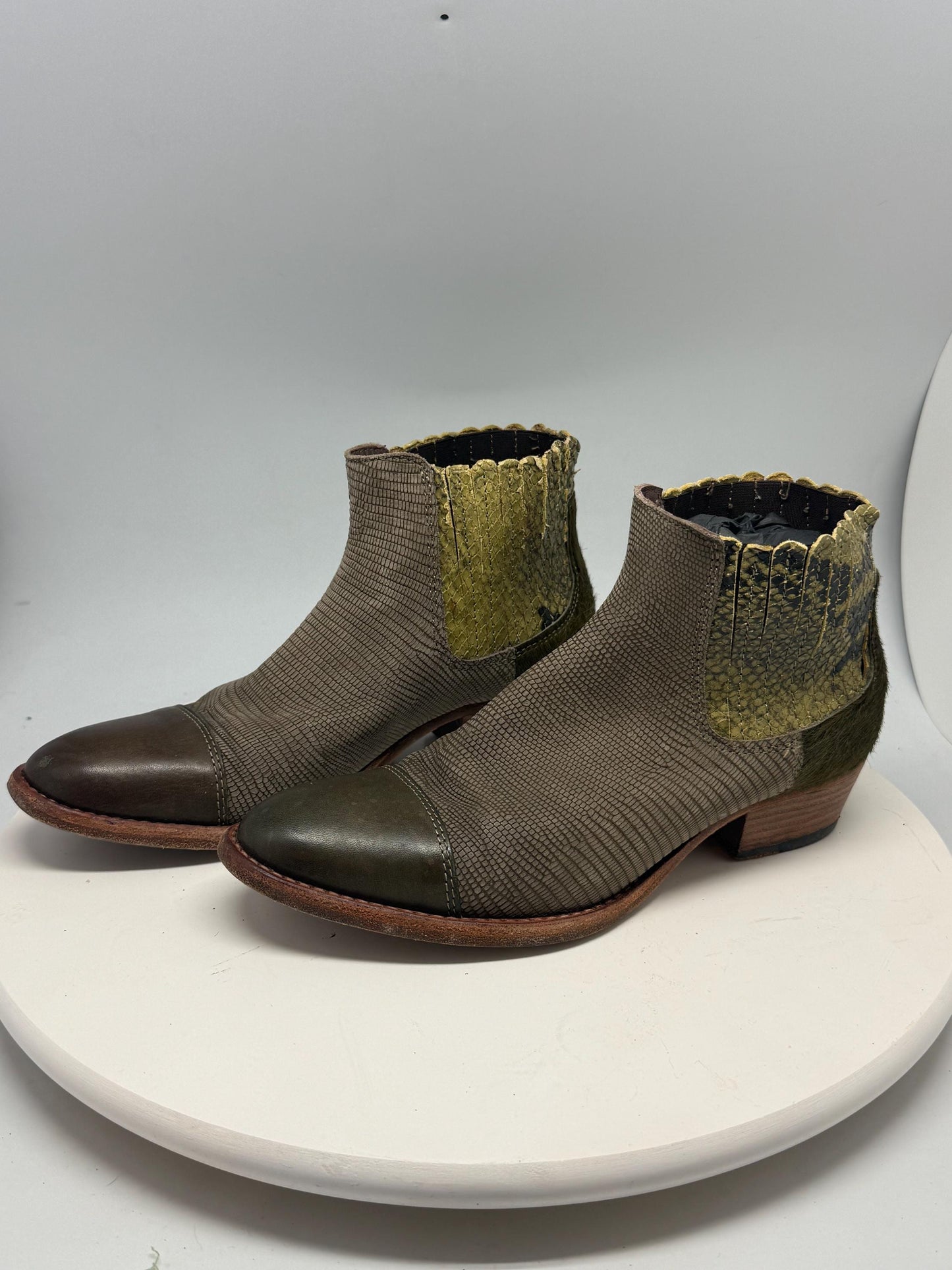 Green Leather Ankle Boots With Snake Texture — back view