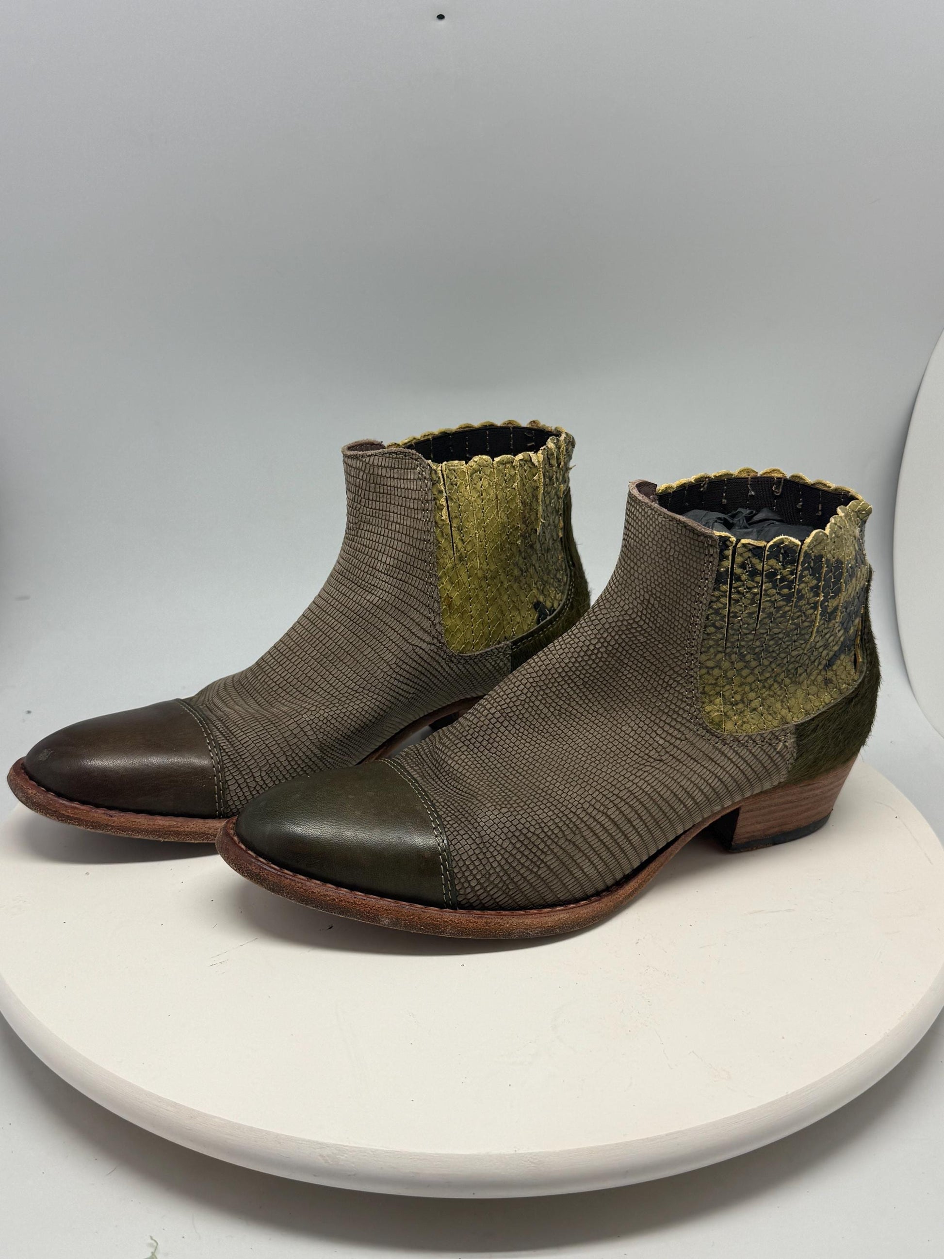 Green Leather Ankle Boots With Snake Texture — back view