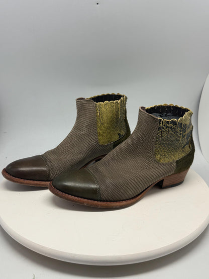 Green Leather Ankle Boots With Snake Texture — back view