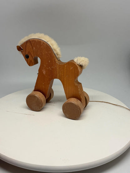 Handmade Vintage Wooden Rolling Playhorse — fabric close-up