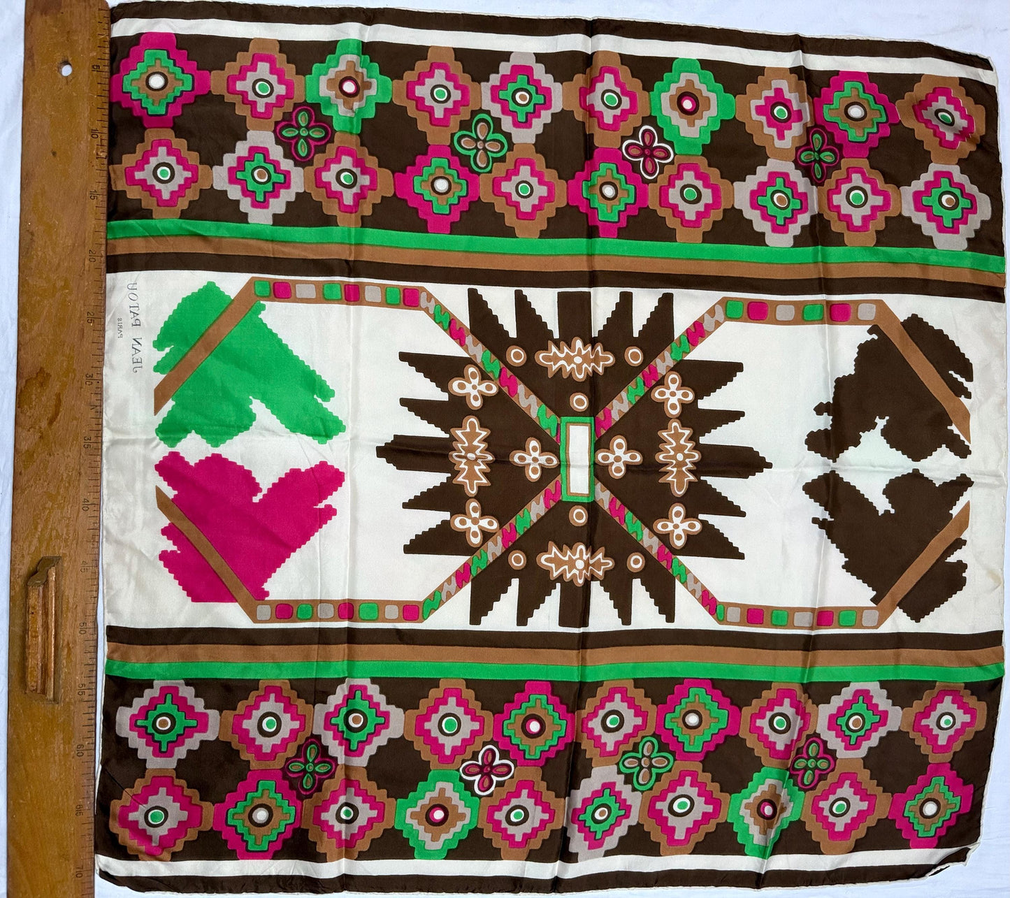Jean Patou Silk Scarf, Bold Geometric Pattern — back view