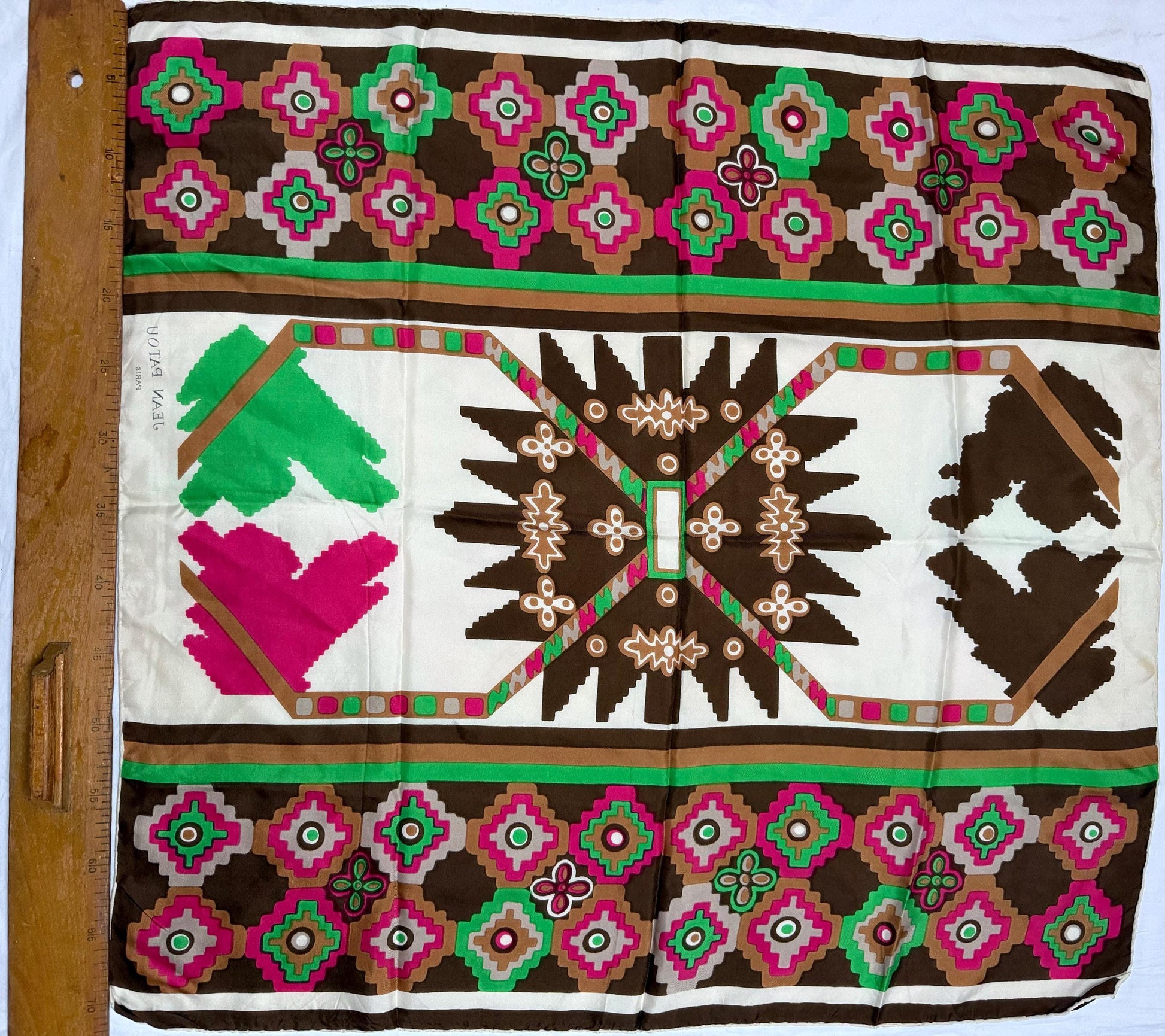 Jean Patou Silk Scarf, Bold Geometric Pattern — back view