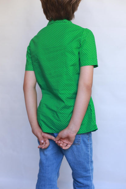 Vintage 70s Green Dotted Blouse For Kids — fabric close-up