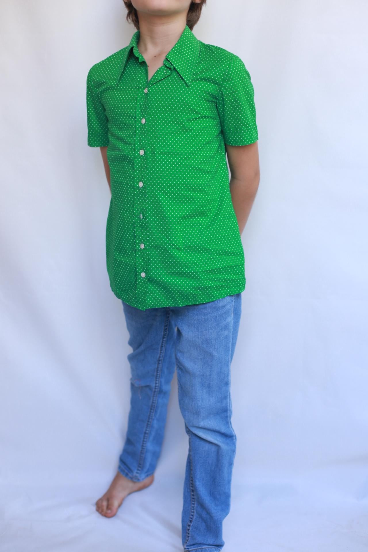 Kids Vintage retro 70s green and white dotted blouse, XXS