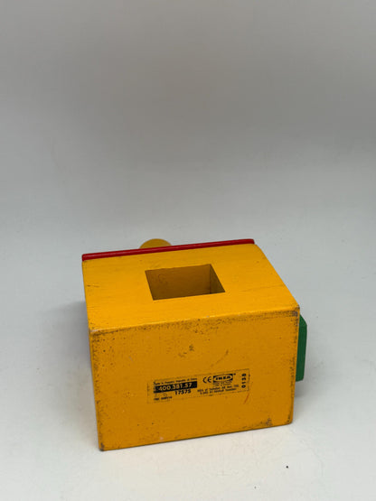 Vintage Wood House Puzzle: Yellow Base, Red Roof — fabric close-up