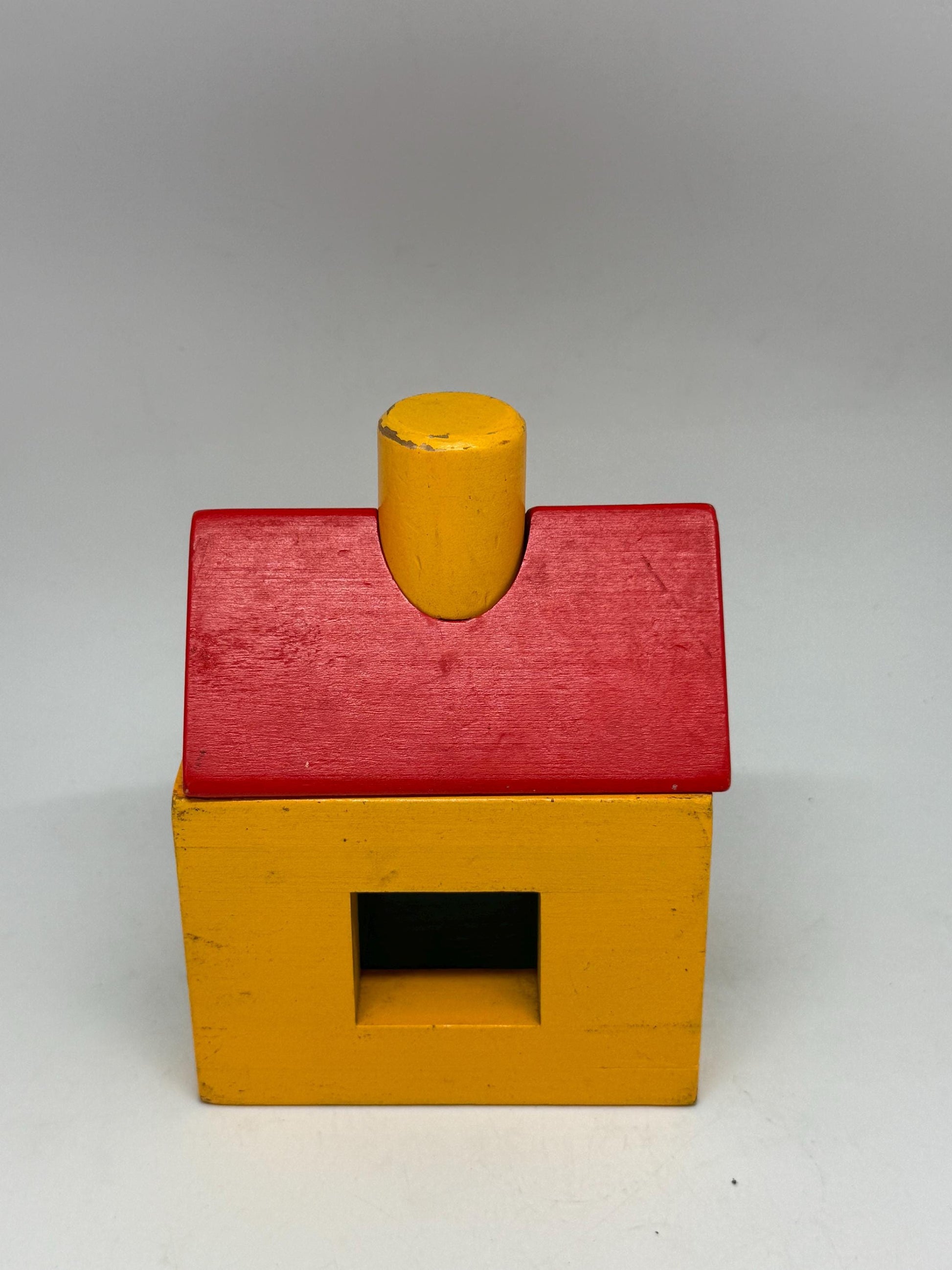 Vintage Wood House Puzzle: Yellow Base, Red Roof — back view