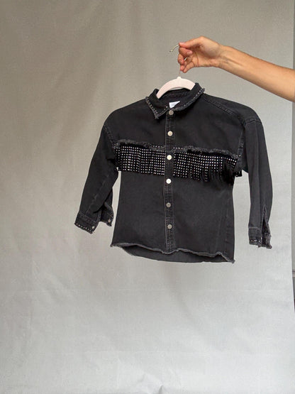 Black Denim Kids Jacket With Studded Fringe — additional view 7