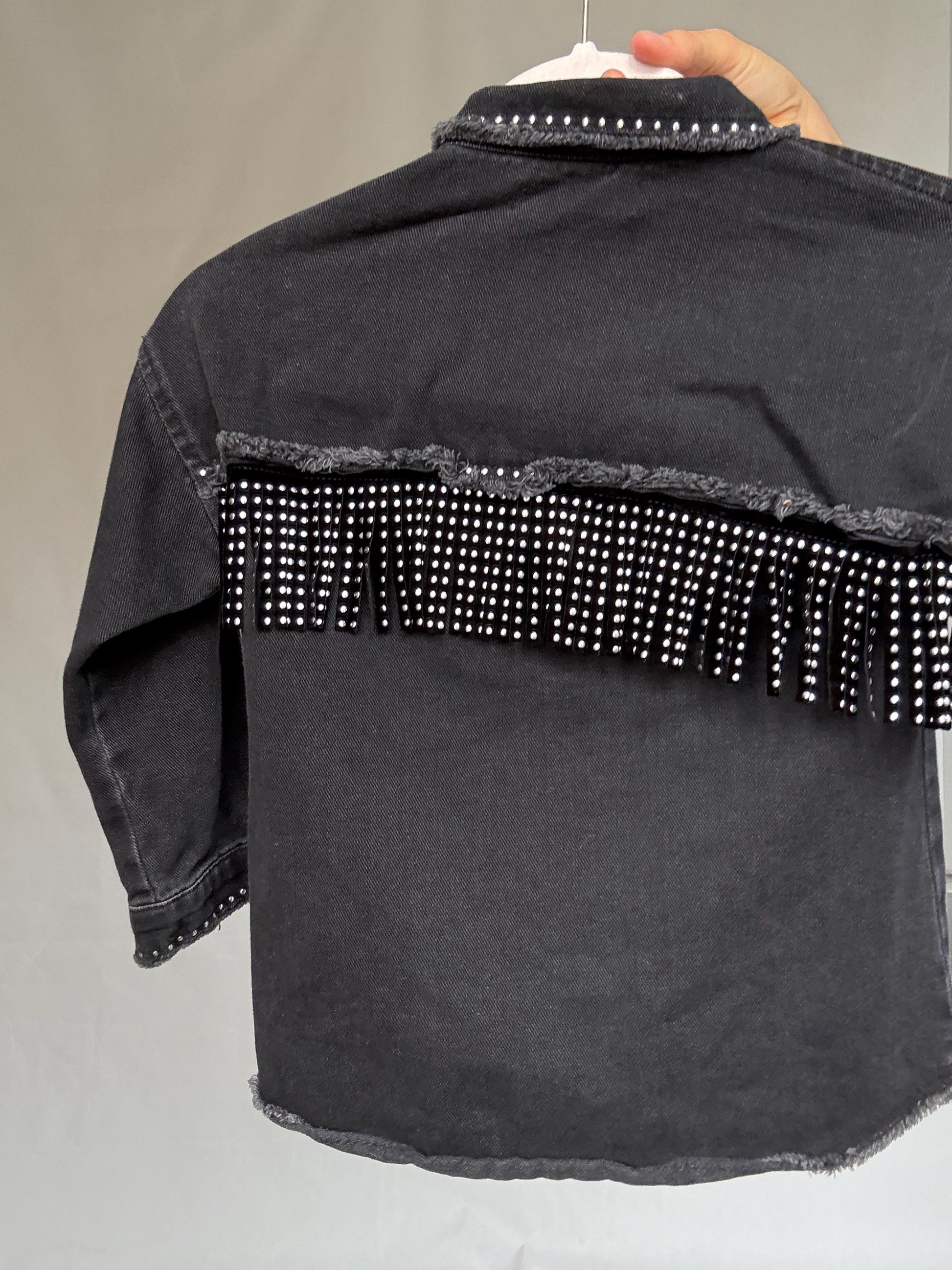 black denim kids jacket, studded tassle fringe, retro 90s punk vibe, streetwear kids style