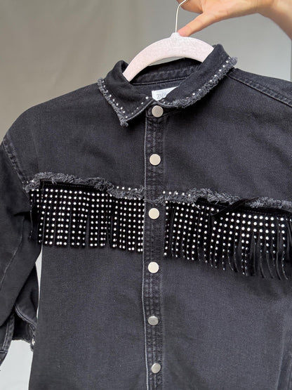Black Denim Kids Jacket With Studded Fringe — fabric close-up