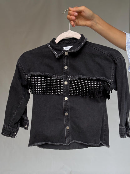 Black Denim Kids Jacket With Studded Fringe — additional view 11
