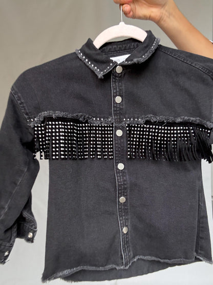 Black Denim Kids Jacket With Studded Fringe — additional view 10