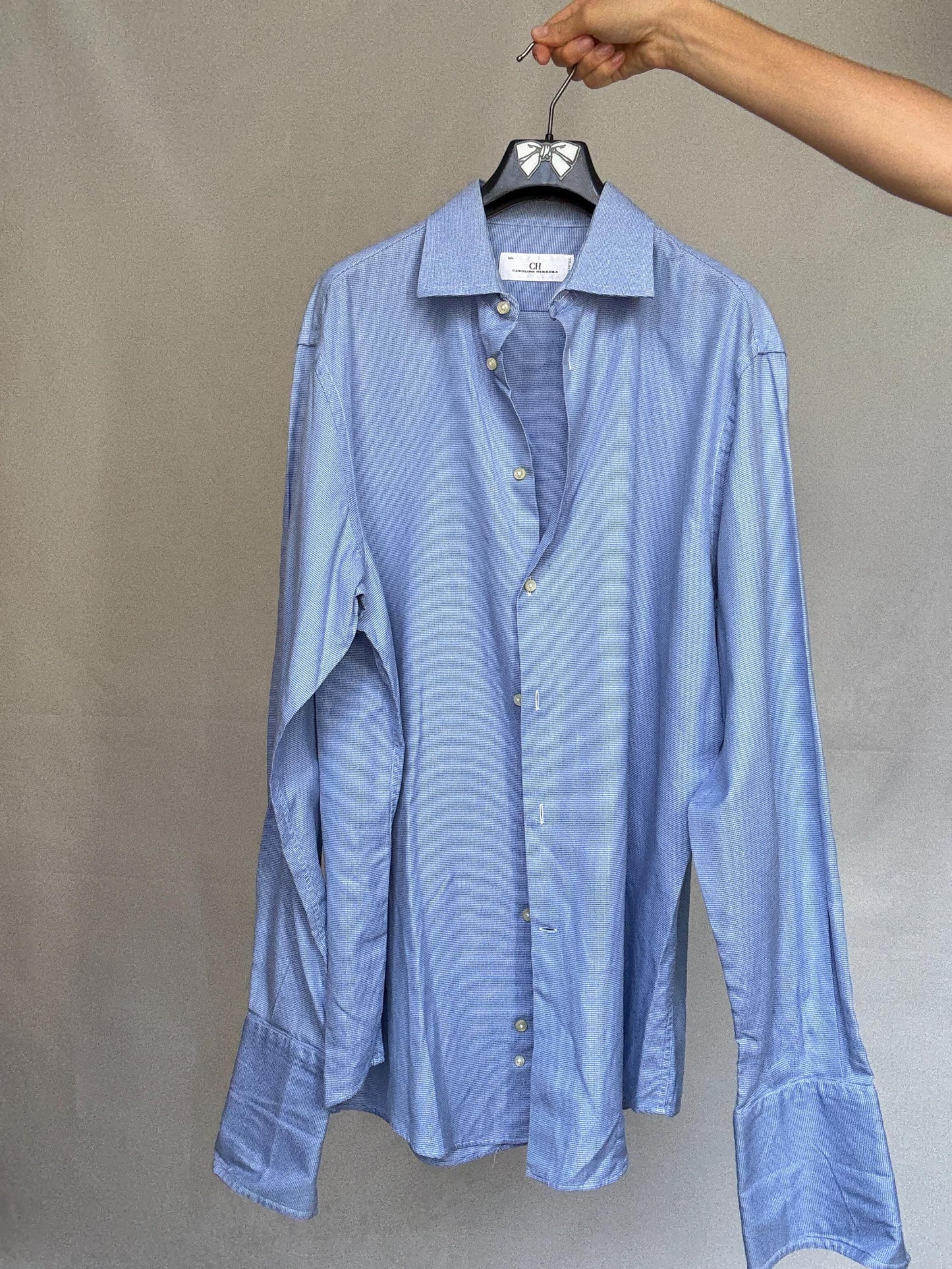 Vintage Men's Carolina Herrera blue and white button up shirt