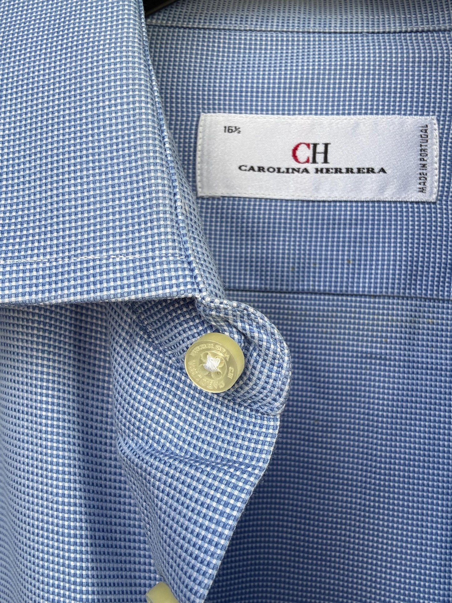 Vintage Men's Carolina Herrera blue and white button up shirt