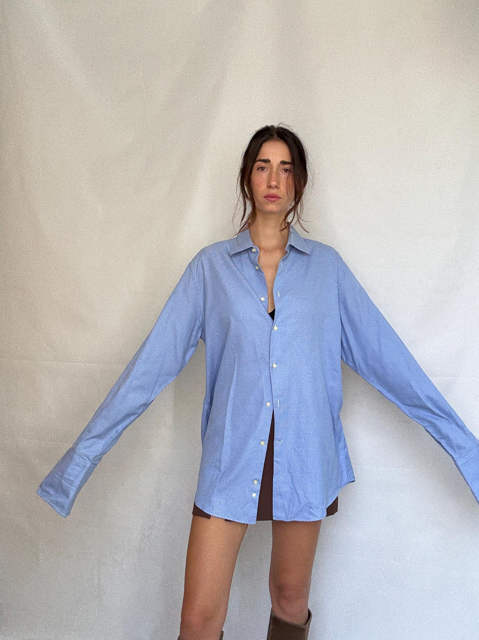 Vintage Men's Carolina Herrera blue and white button up shirt