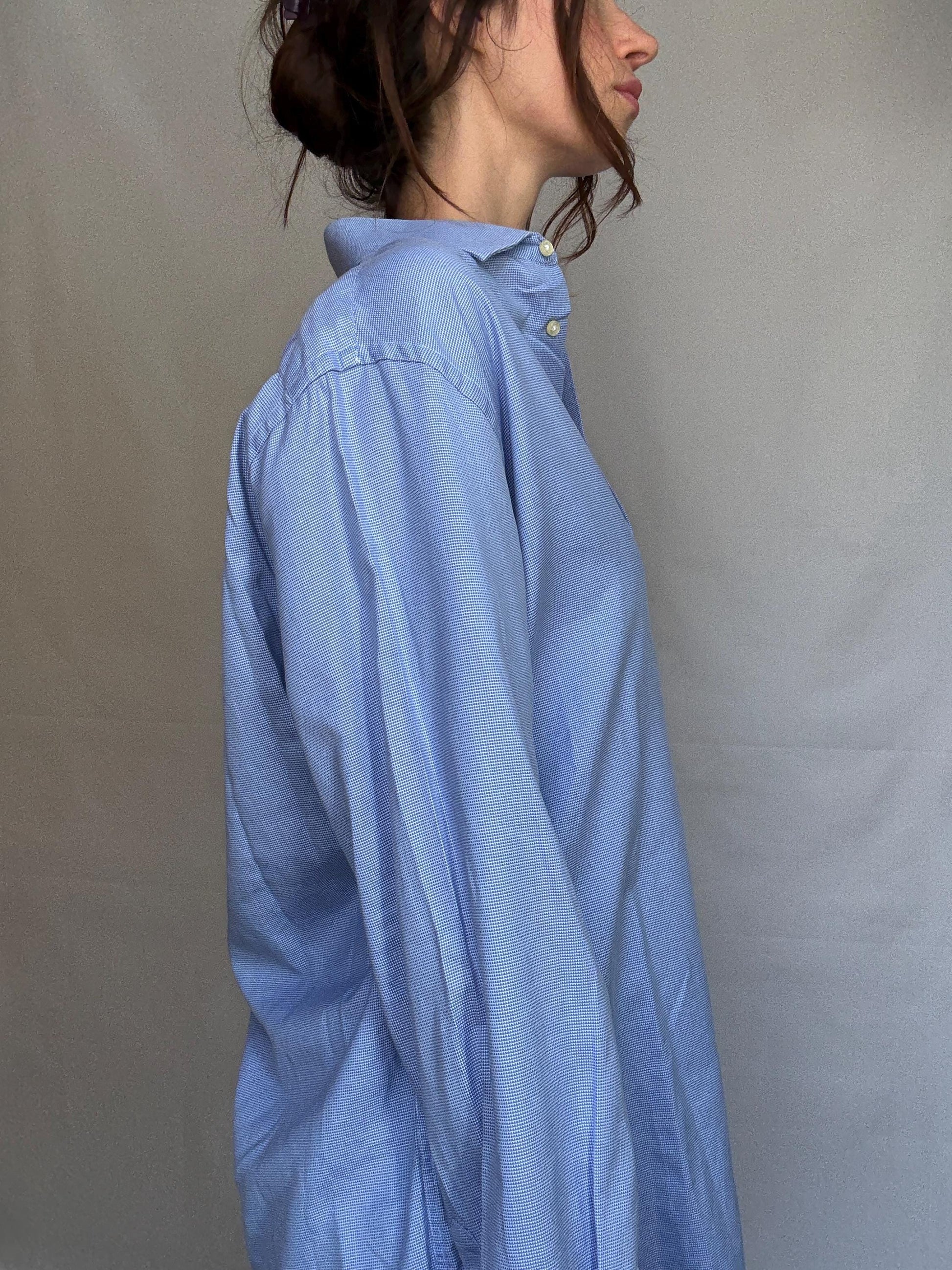 Vintage Men's Carolina Herrera blue and white button up shirt