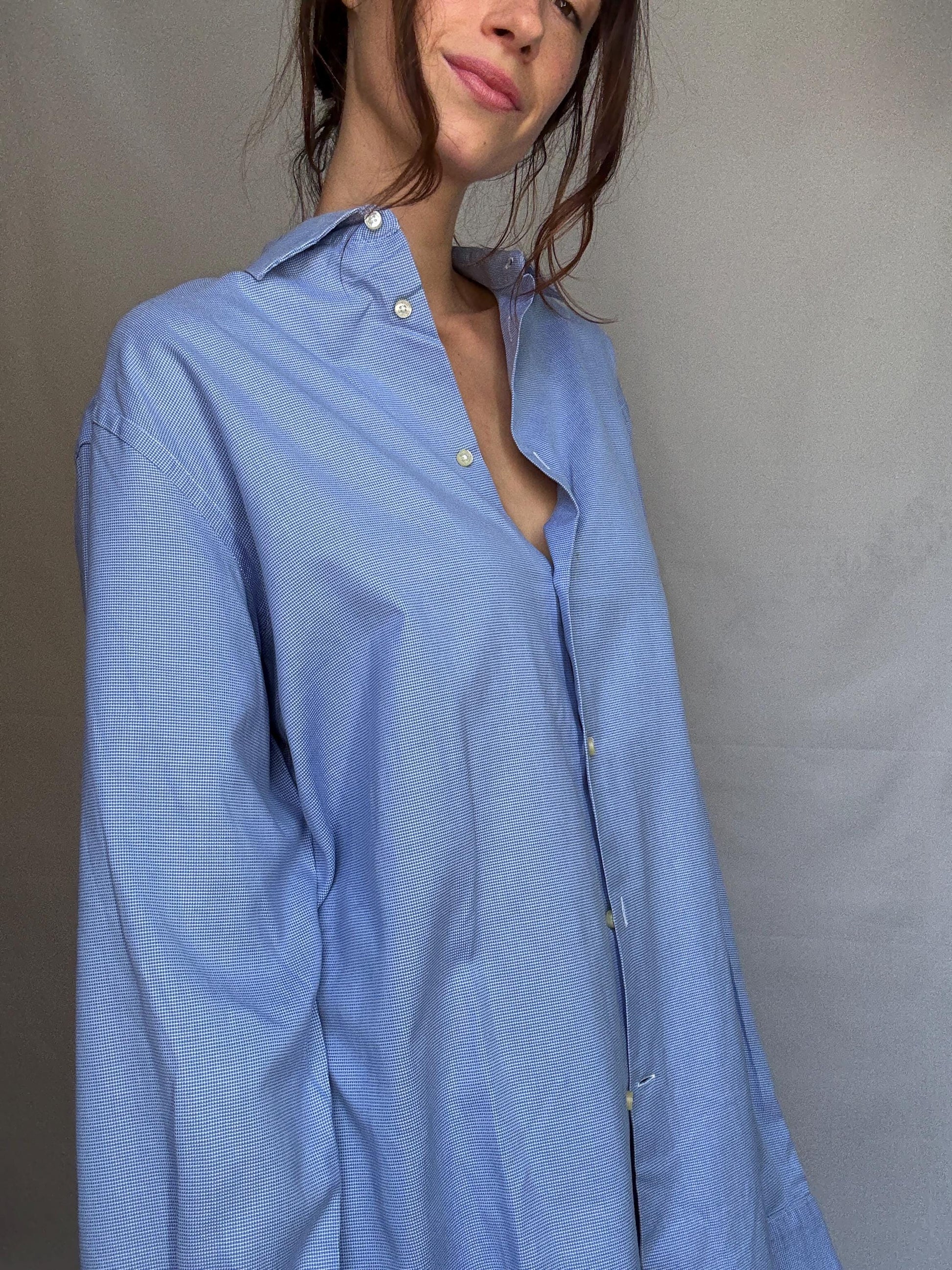 Vintage Men's Carolina Herrera blue and white button up shirt