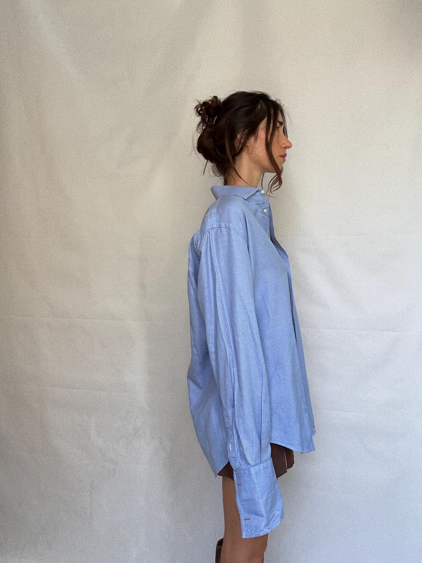 Vintage Men's Carolina Herrera blue and white button up shirt