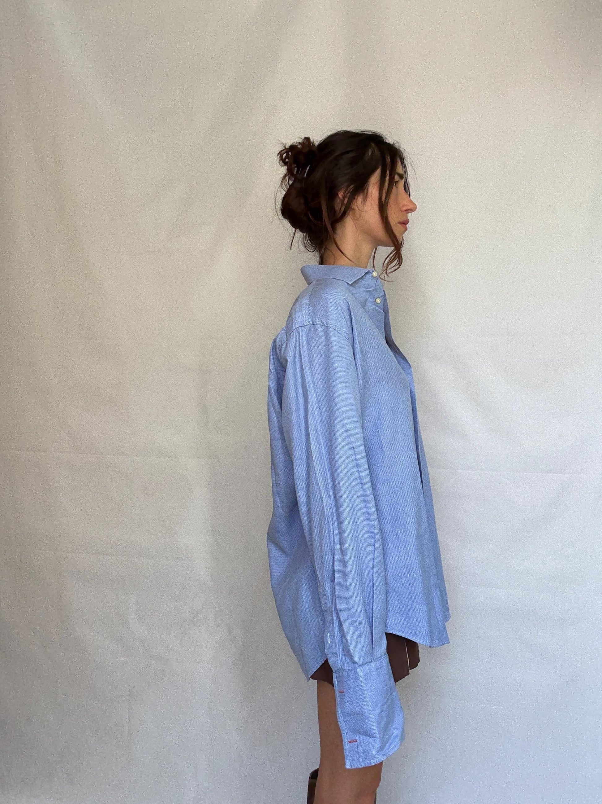 Vintage Men's Carolina Herrera blue and white button up shirt