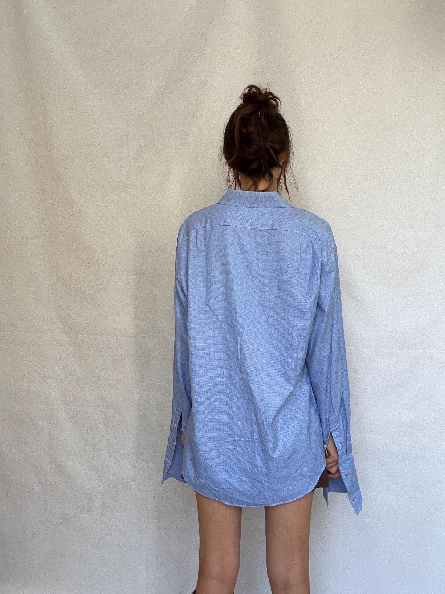 Vintage Men's Carolina Herrera blue and white button up shirt