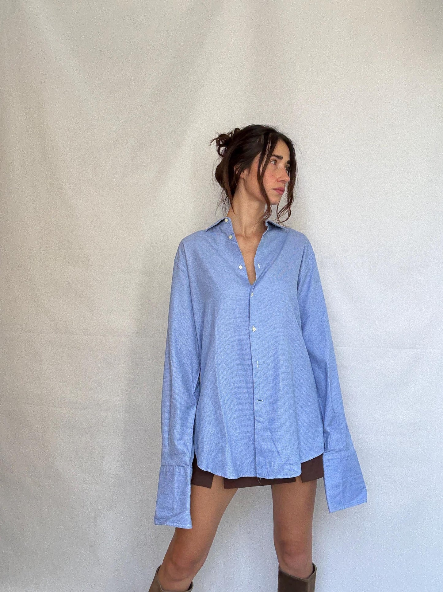 Vintage Men's Carolina Herrera blue and white button up shirt