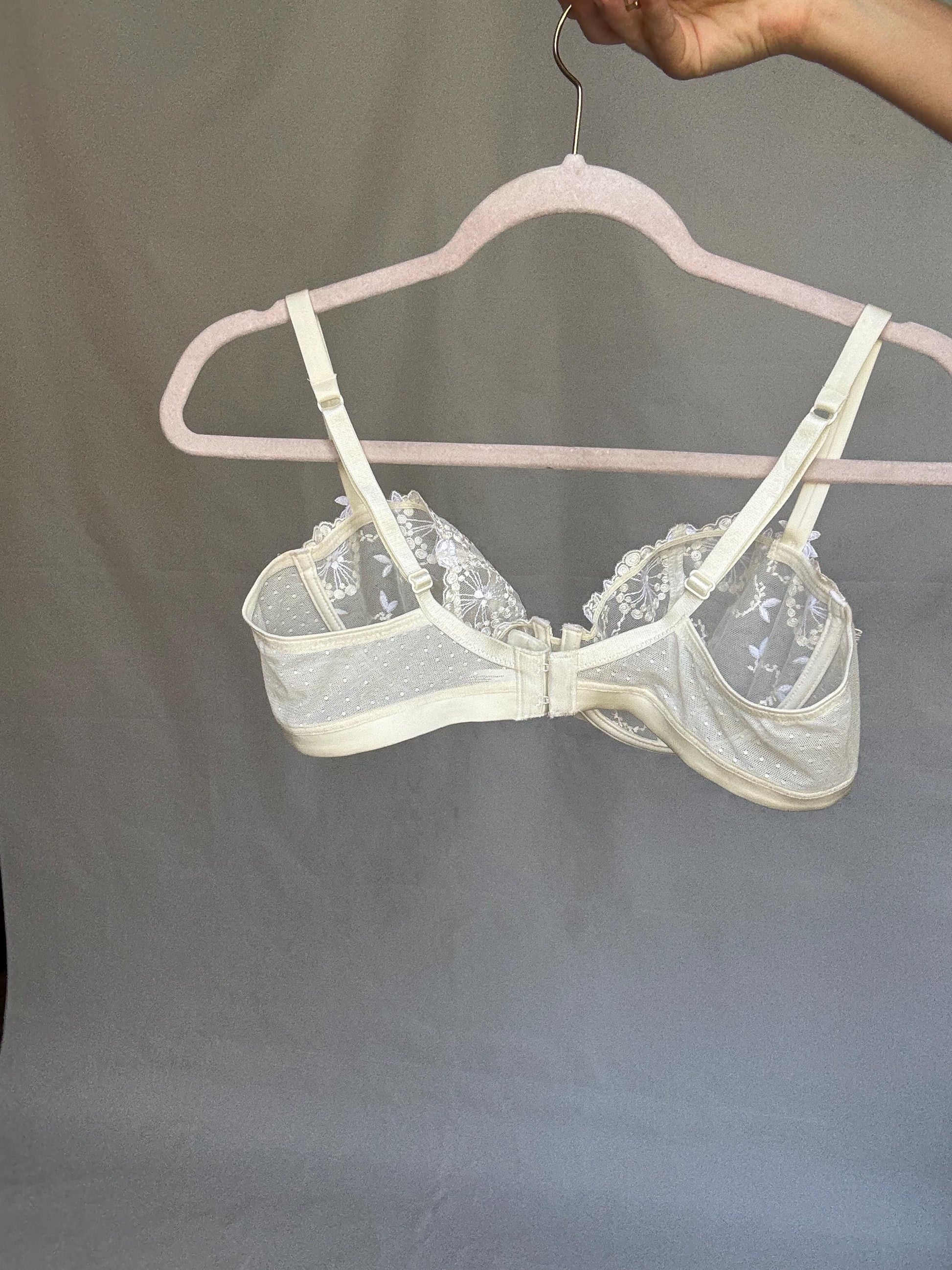 Vintage Chantelle Sheer Lace Balconette Bra — fabric close-up