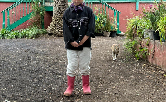 black denim kids jacket, studded tassle fringe, retro 90s punk vibe, streetwear kids style