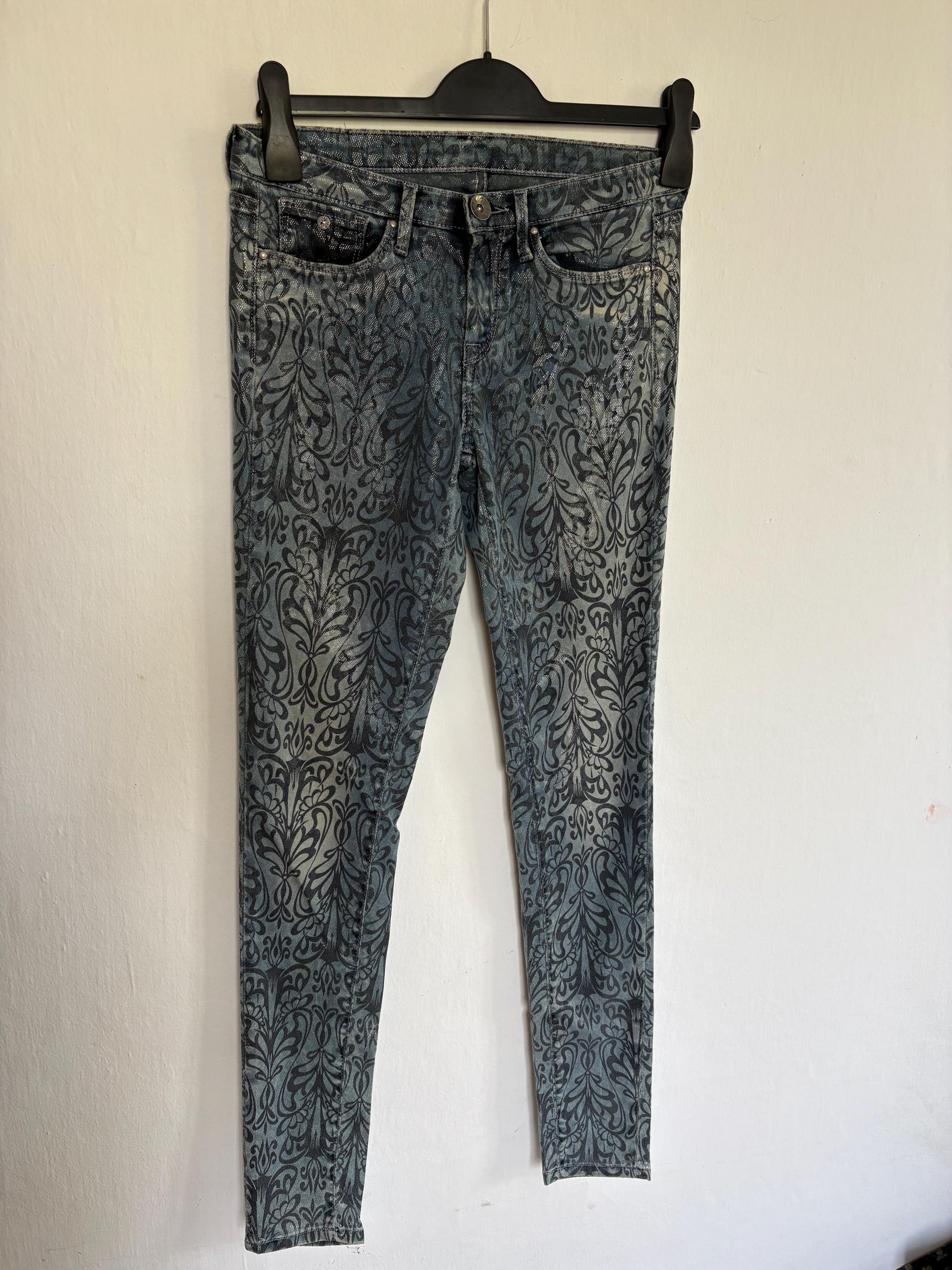 Blue Floral Skinny Jeans - Retro 90s Style — back view