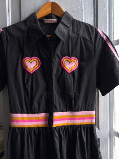 Retro black cotton dress, colorful heart appliques, retro 80s vibe, M