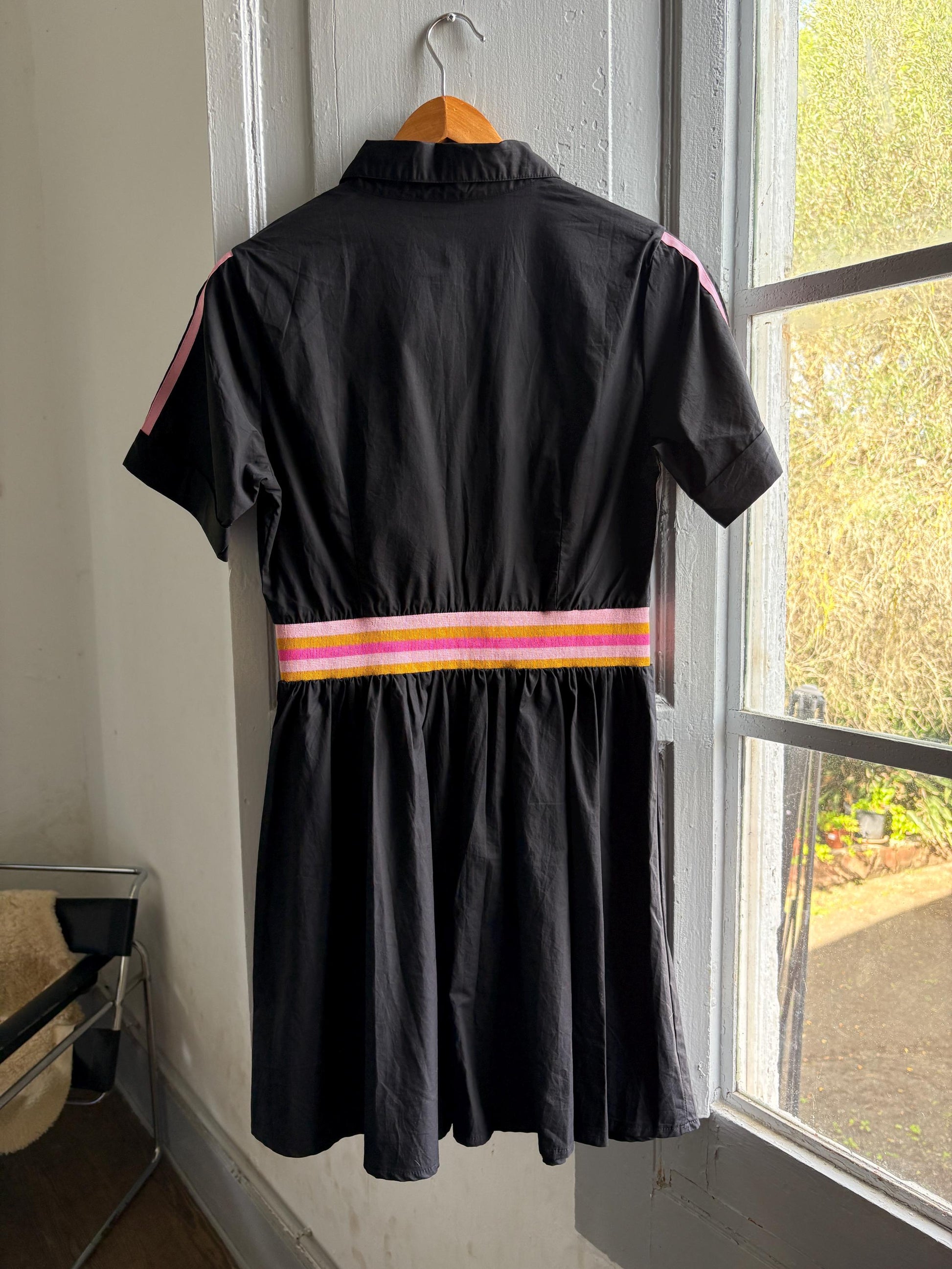 Retro black cotton dress, colorful heart appliques, retro 80s vibe, M