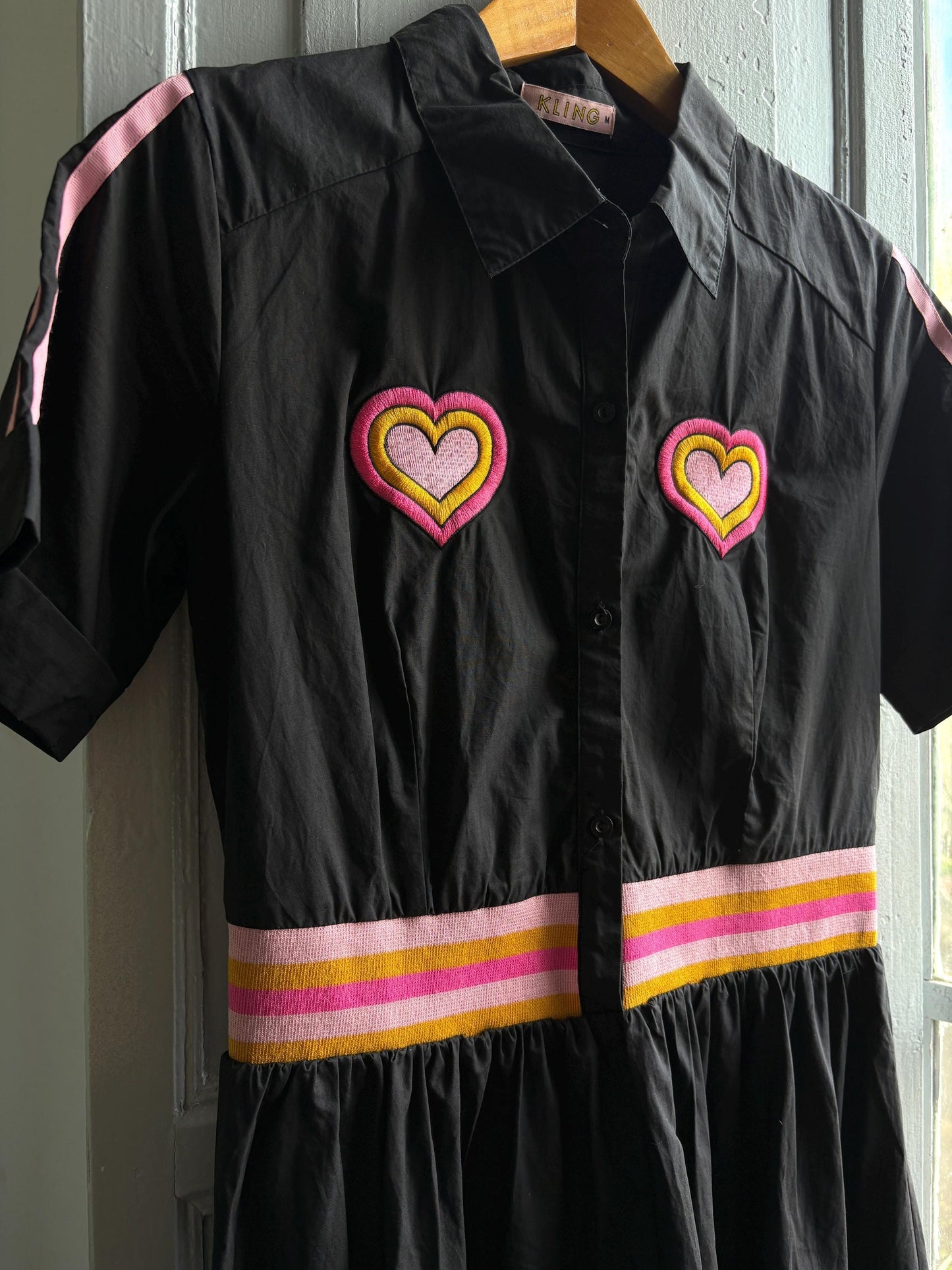 Retro black cotton dress, colorful heart appliques, retro 80s vibe, M