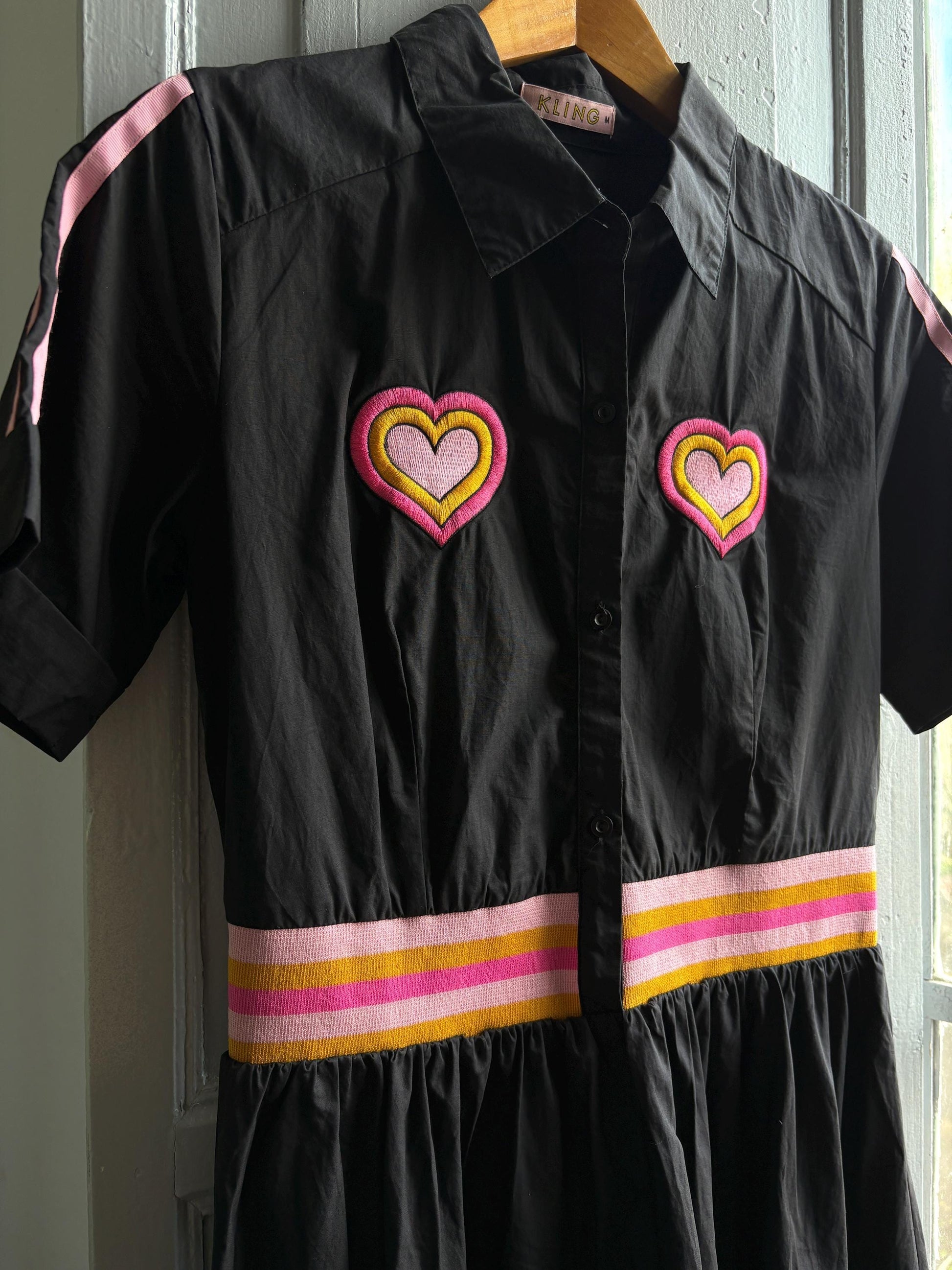 Retro black cotton dress, colorful heart appliques, retro 80s vibe, M