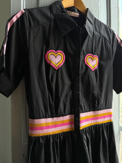Retro black cotton dress, colorful heart appliques, retro 80s vibe, M