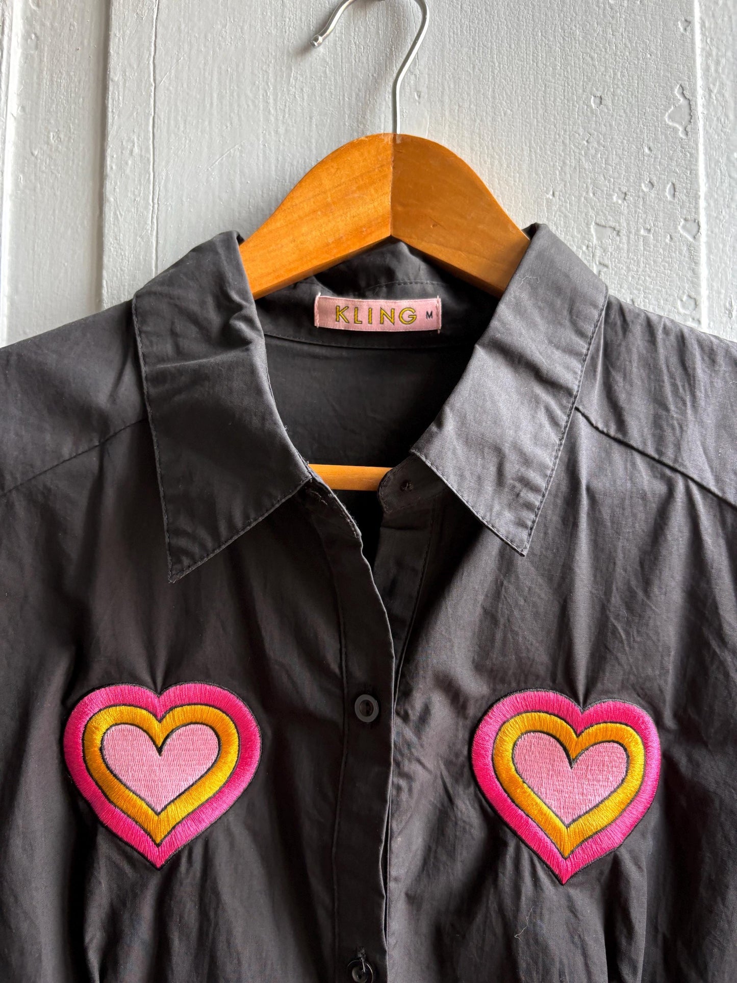 Retro black cotton dress, colorful heart appliques, retro 80s vibe, M