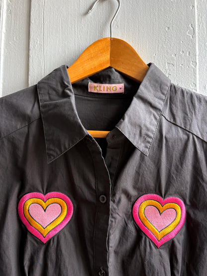 Retro black cotton dress, colorful heart appliques, retro 80s vibe, M