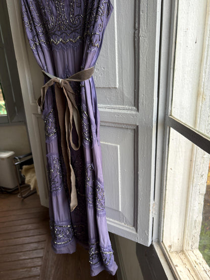 Vintage Purple Silk Beaded Dress With Velvet Strap — additional view 10