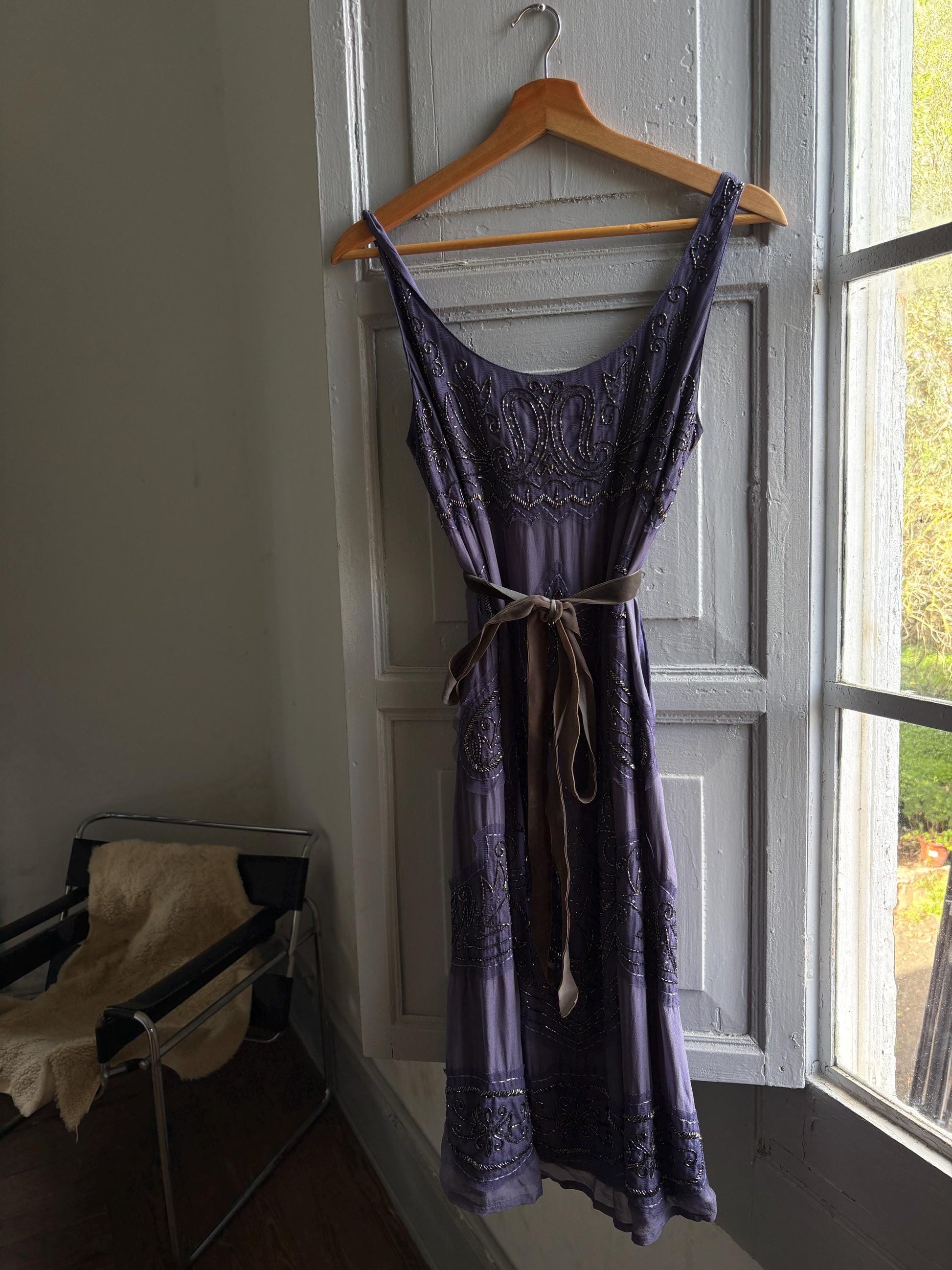 Vintage Purple Silk Beaded Dress With Velvet Strap — fabric close-up