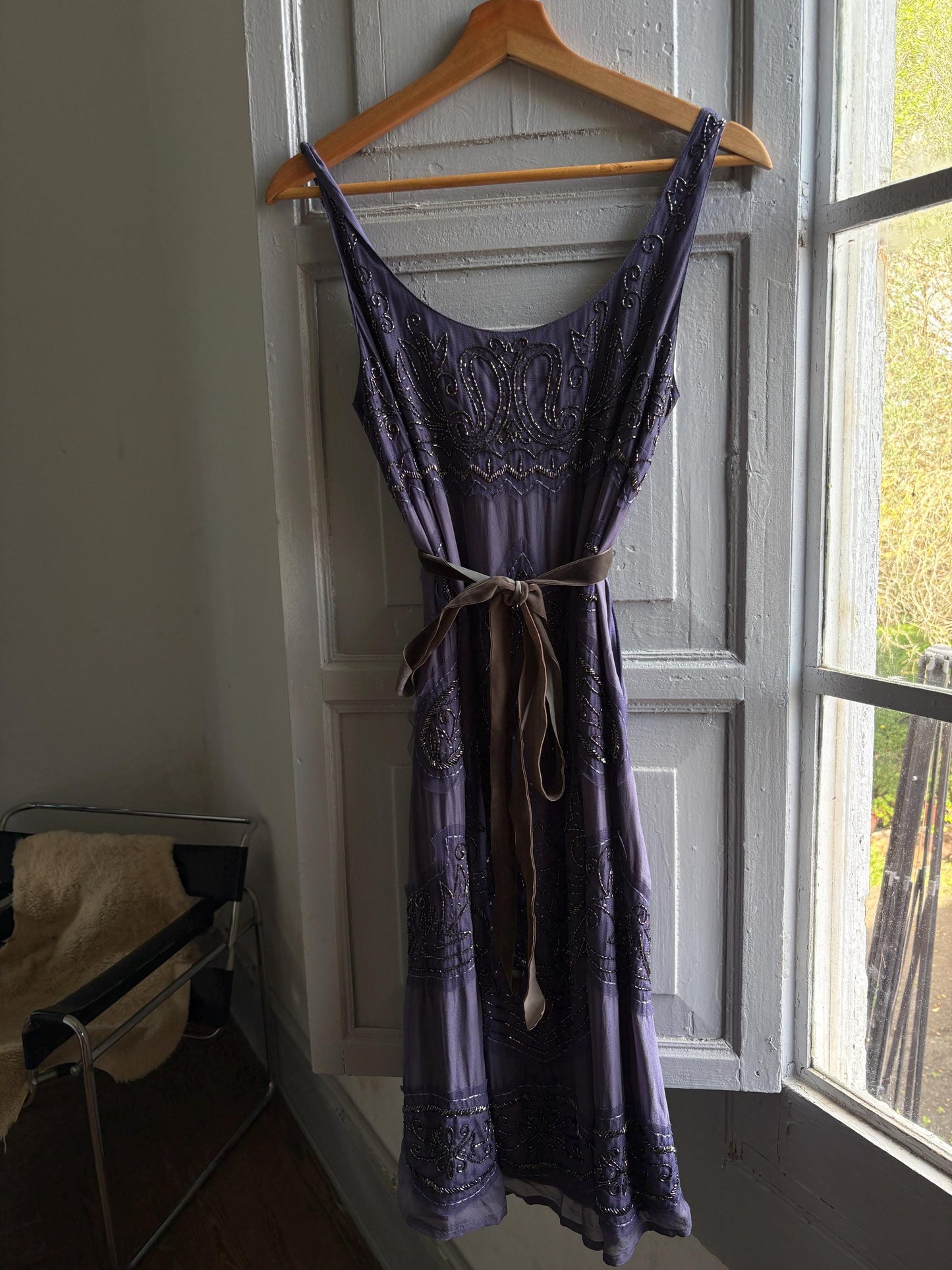 Vintage Purple Silk Beaded Dress With Velvet Strap — detail