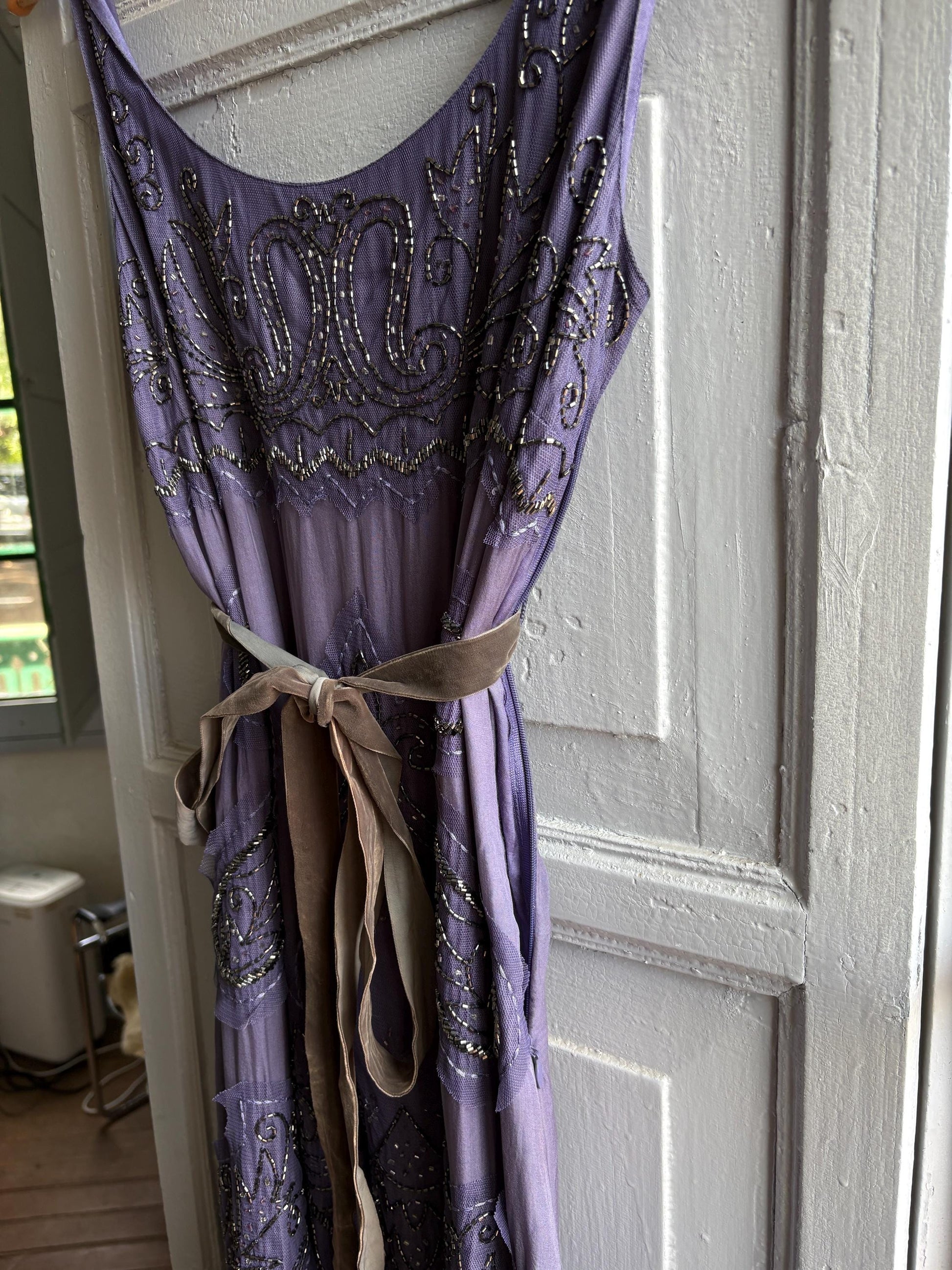 Vintage Purple Silk Beaded Dress With Velvet Strap — back view
