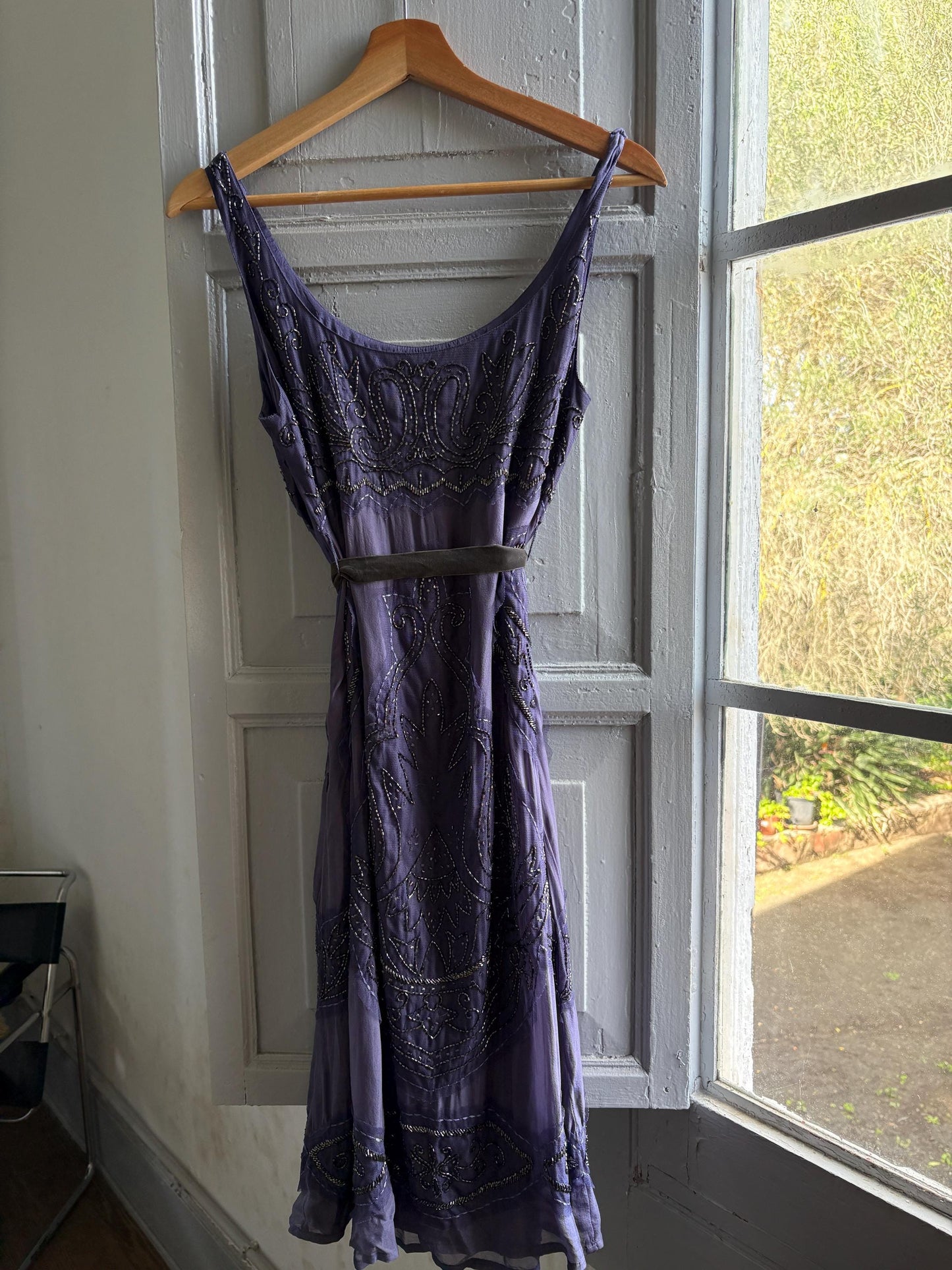 Vintage Purple Silk Beaded Dress With Velvet Strap