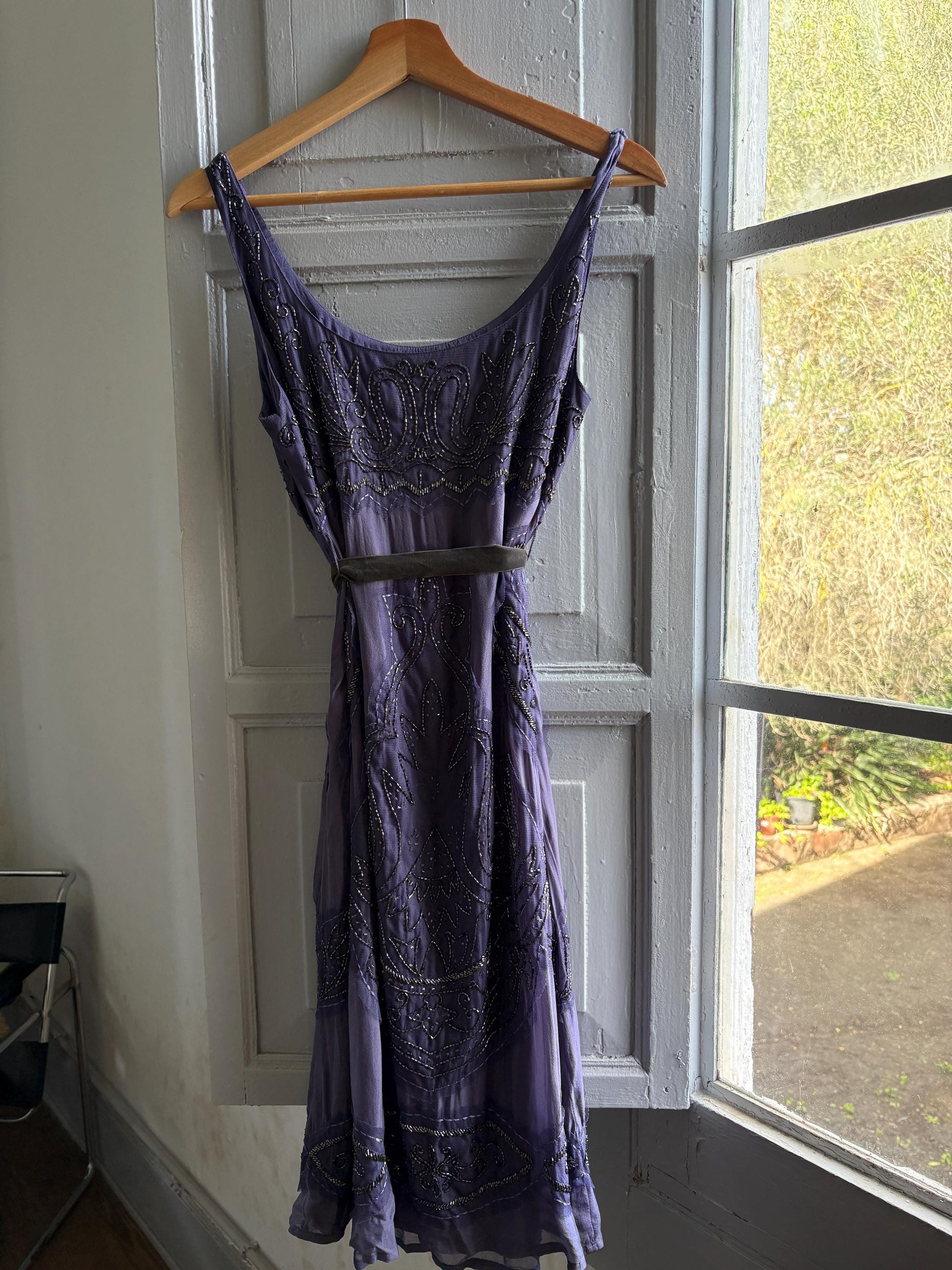 Vintage Purple Silk Beaded Dress With Velvet Strap