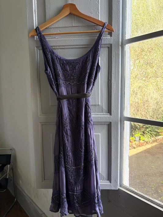 Vintage Purple Silk Beaded Dress With Velvet Strap