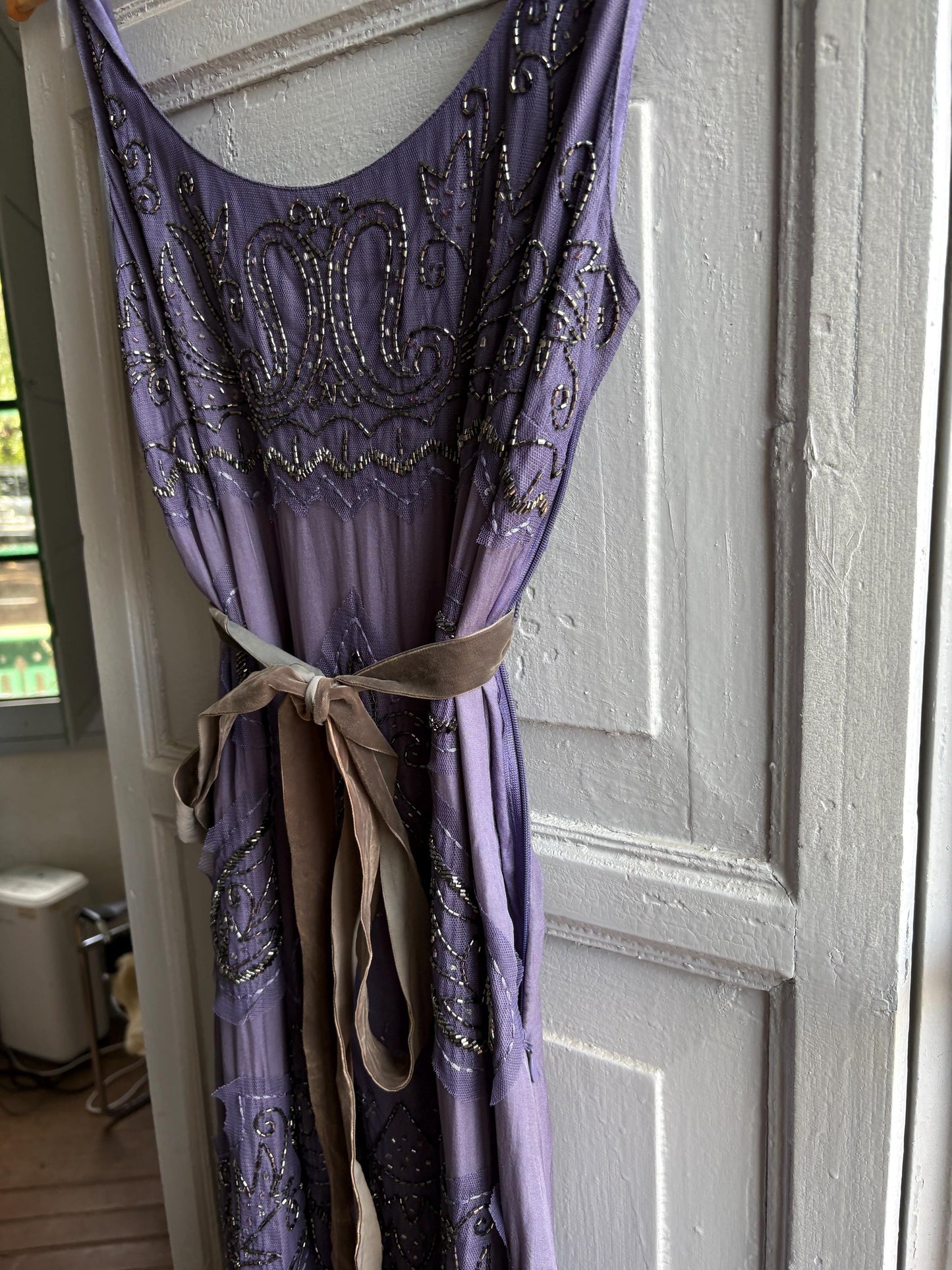 Vintage Purple Silk Beaded Dress With Velvet Strap — additional view 6