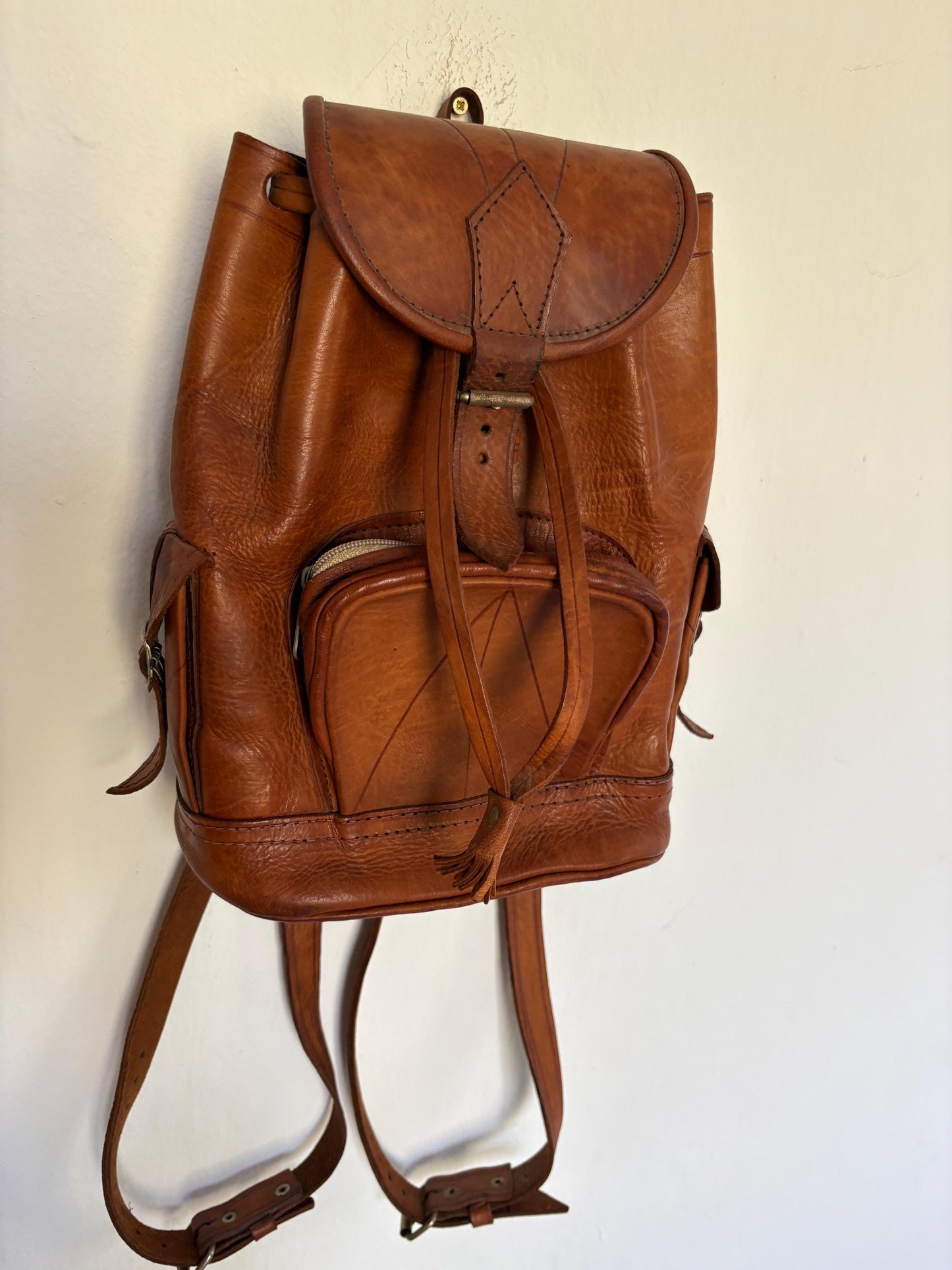 Vintage Brown Leather Bohemian Backpack — fabric close-up