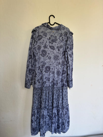 Pedro del Hierro blue floral maxi dress, Flower print summer dress with long sleeves, L