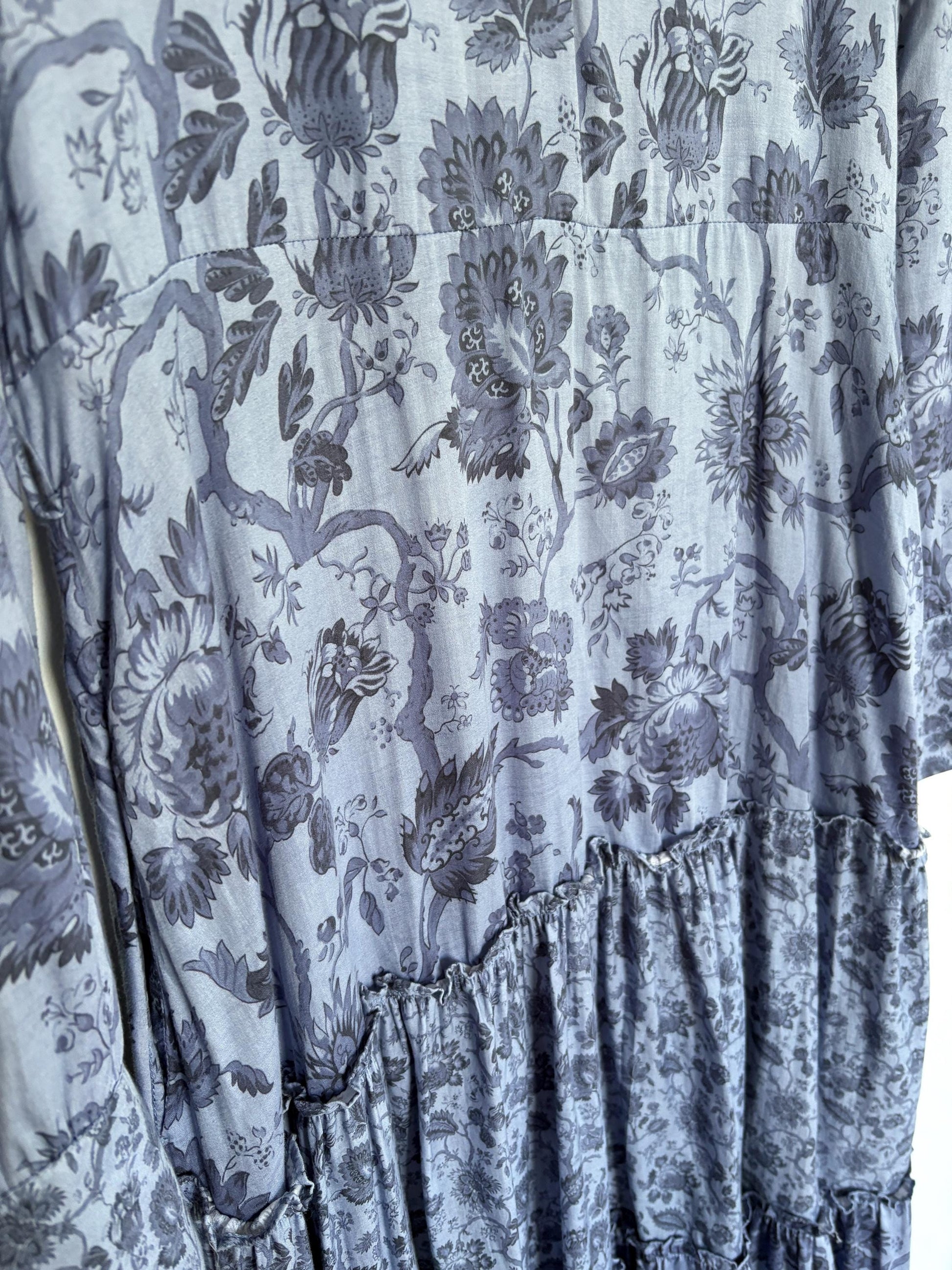 Pedro del Hierro blue floral maxi dress, Flower print summer dress with long sleeves, L