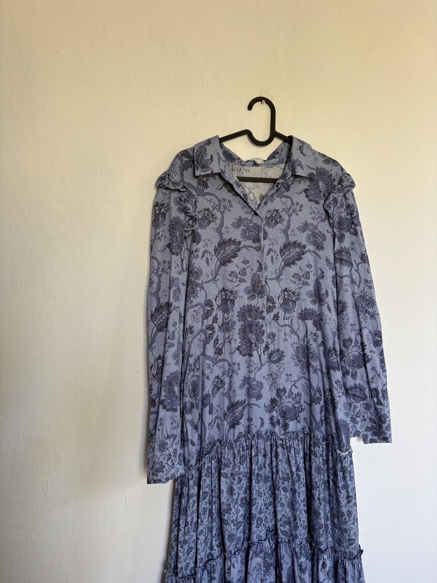Pedro del Hierro blue floral maxi dress, Flower print summer dress with long sleeves, L