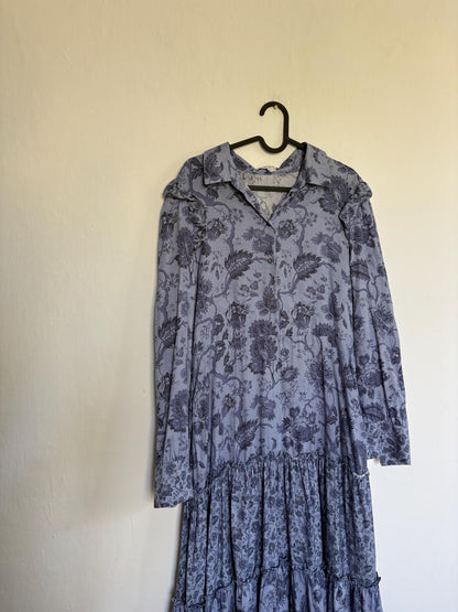 Pedro del Hierro blue floral maxi dress, Flower print summer dress with long sleeves, L