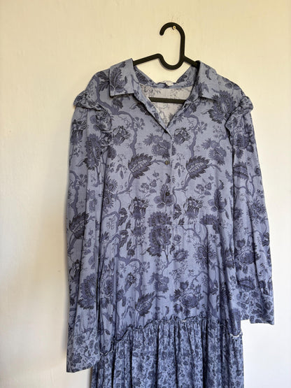 Pedro del Hierro blue floral maxi dress, Flower print summer dress with long sleeves, L