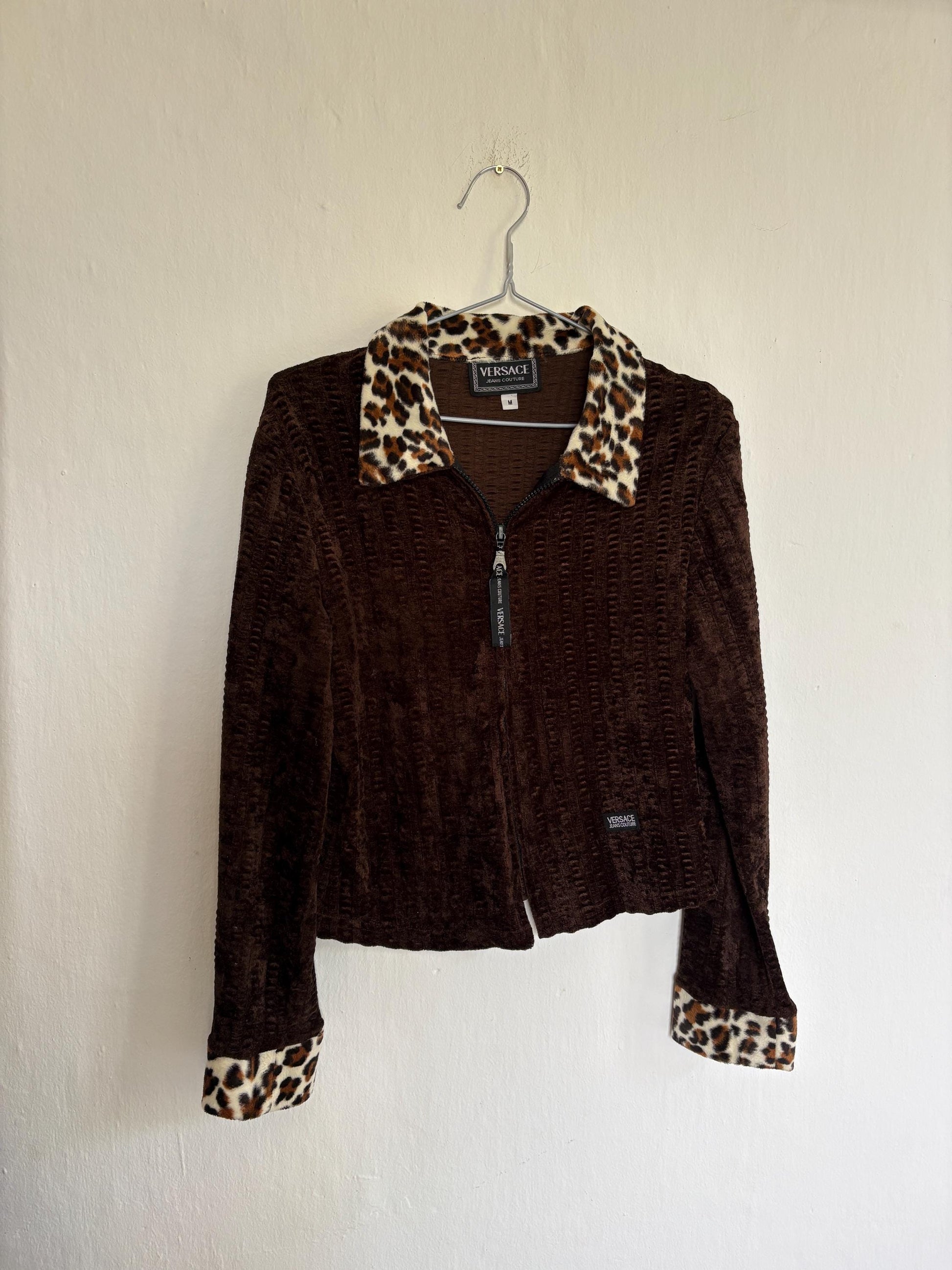 Vintage Versace Brown Zip Jacket With Leopard Collar — additional view 8